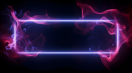 abstract glowing neon square frame with smoke on dark background