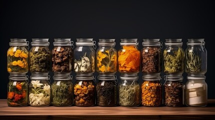 Herbal tea with diverse ingredients in jars for natural healing - obrazy, fototapety, plakaty