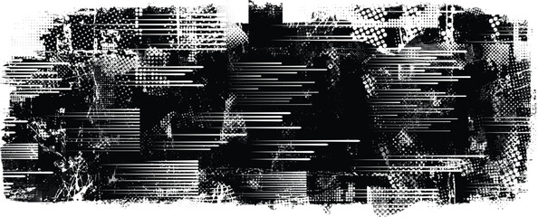Glitch distressed grange shape . Noise grungy logo .  Shape textured with fast lines.Grunge , distress effect .Vector shapes with a halftone dots, and speed lines. screen print texture. - obrazy, fototapety, plakaty
