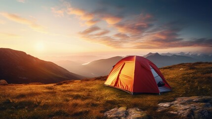 Mountain camp tent amidst meadow at dawn - obrazy, fototapety, plakaty