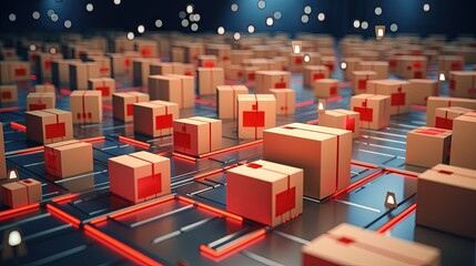 Obraz premium Optimizing delivery routes using cardboard boxes a red pin and logistics warehouse