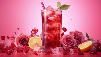 Non alcoholic iced fruit tea in red with ice on pink background Refreshing rose hibiscus beverage