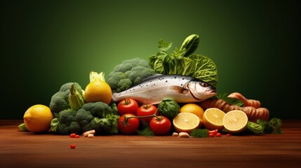 Healthy food options fish fruit vegetables cereal leafy greens on backdrop