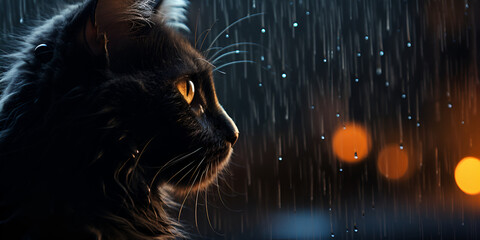 A beatiful black cat sitting in the dark with yellow eyes  Mysterious Cat with Bright Yellow Gaze 
