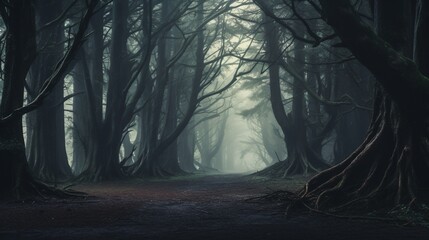 A mystical forest with tall trees, their branches enveloped in a soft, foggy mist.
