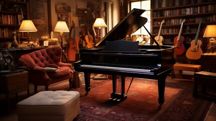 A music room, featuring a grand piano at its center, acoustic guitars on stands, and sheet music...