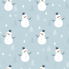 Christmas seamless pattern with funny snowman, snowflakes and christmas tree