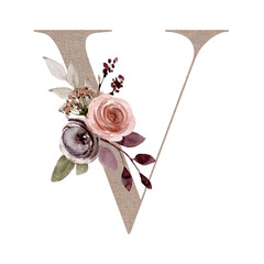 Floral alphabet, letter V linen texture with watercolor flowers and leaves. Art monogram initials perfectly for birthday, wedding invitations, greeting card, logo. Hand drawing.