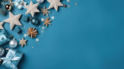 Christmas composition ornaments winter gift box on blue background top view. copy text space. for template, presentation. advertisement, banner, card.