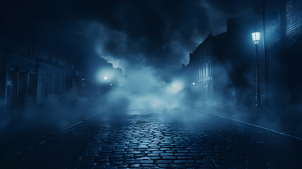 blue smoke over Empty dark city street - obrazy, fototapety, plakaty