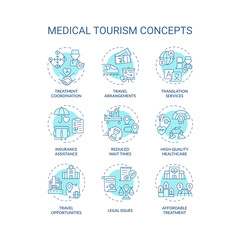 Set of 2D editable blue thin line icons representing medical tourism, isolated monochromatic vector, linear illustration.