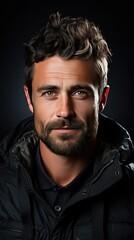 Fototapeta premium Closeup portrait of handsome smiling young man. Cheerful man on background studio shot. Man model face with beard and modern haircut. Man face portrait illustration. Generative AI