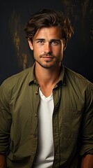 Fototapeta premium Handsome young man on background looking at camera. Portrait of laughing young man with hands in pockets leaning against grey wall. Happy guy smiling. Man portrait illustration. Generative AI