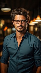 Obraz premium Young hispanic man wearing blue shirt and glasses, looking at camera with positive confident smile, holding arms crossed, on background. Man portrait illustration. Generative AI