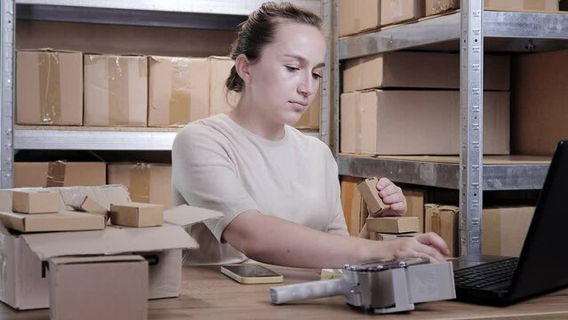 Female warehouse worker online store owner using laptop at work preparing parcel boxes checking ecommerce shipping online retail e commerce store order fulfillment in dropship delivery post office