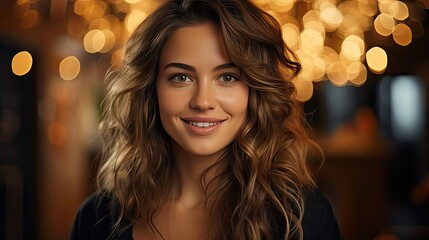 Happy young woman sitting on sofa at home and looking at camera. Portrait of comfortable woman in winter clothes relaxing on armchair. Smile emotion illustration. Generative AI