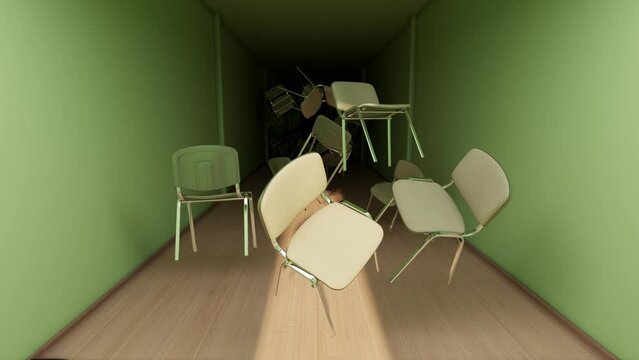 Dimly lit corridor. Suddenly, the chairs begin to lift off the ground and fly through the air for an inexplicable reason, creating a surreal and unexpected scene. 3D render. Seamless loop