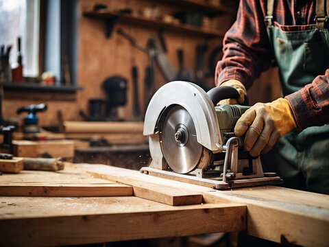 Skilled craftsman cutting a wooden plank with a circular saw in a workshop