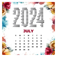 vector July floral calendar 2024
