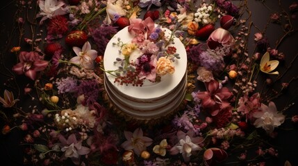 Birds eEye View of Wedding Cake Gracefully Presented on a Table, Surrounded by Fragrant Flowers,