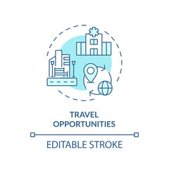 2D editable blue travel opportunities icon, simple isolated monochromatic vector, medical tourism thin line illustration.