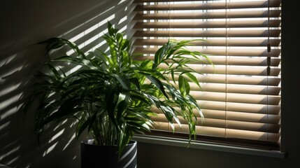Bedroom Blinds Casting Shadows, Illuminating House Plant Leaves with Graceful Bars of Light,