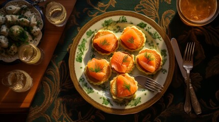 Bird's Eye View of Delectable Salmon Pikelets on dining table,