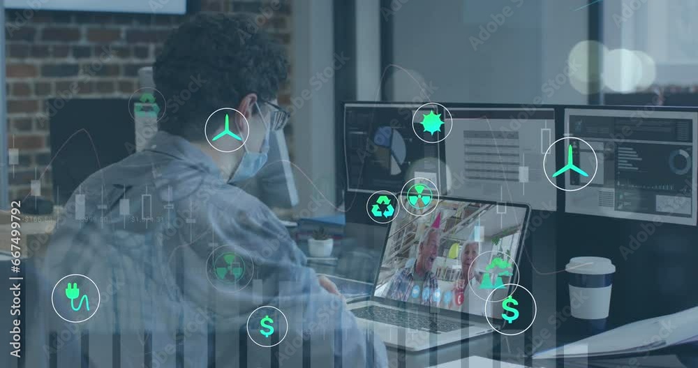 Poster Animation of multiple graphs, icons over diverse man wearing mask discussing reports on video call