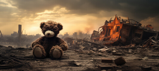 War background - Teddy bear sits in the rubble of a bombed city - obrazy, fototapety, plakaty