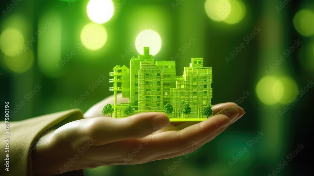 Poster a person with a green building certification, symbolizing the commitment to sustainable design princ
