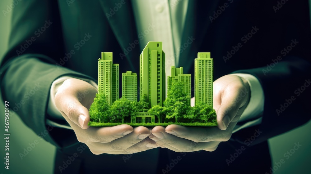 Poster a person with a green building certification, symbolizing the commitment to sustainable design princ