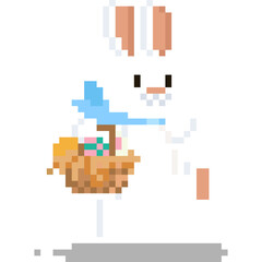 Pixel art happy white easter rabbit character with basket