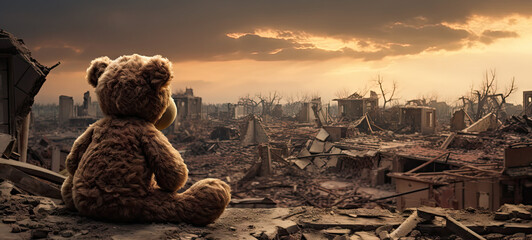 War background - Teddy bear sits in the rubble of a bombed city