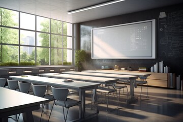 An empty classroom with desks and chairs - obrazy, fototapety, plakaty