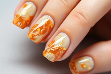 Beautiful nail paint design or art in orange and yellow color