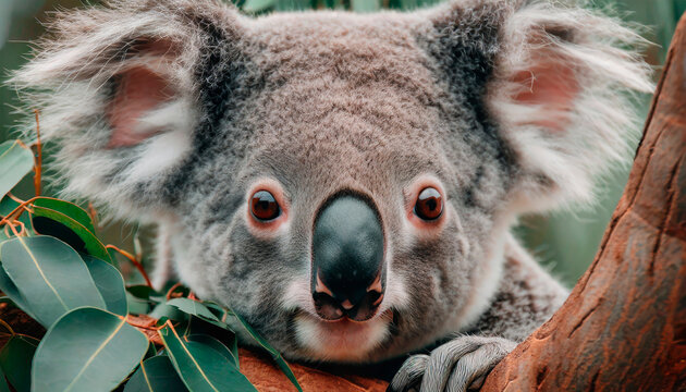 Oso koala trepado en árbol de eucalipto. Primerísimo primer plano
