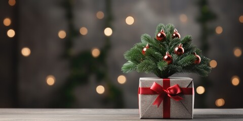 Gift box with mini Christmas tree close up, empty space. Generative AI.