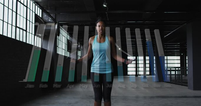Animation of month names with bars graphs over african american woman doing skipping in gym