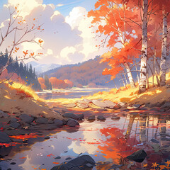 fail foilage autumn landscape with lake and trees ai generated art 
