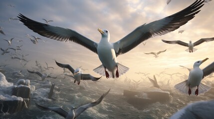 A rookery of albatrosses, their vast wingspans evident as they take to the skies.