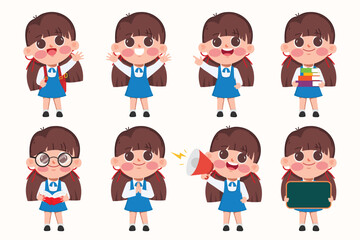 Obraz na płótnie Canvas Cute cartoon Students Back to school and learning in the classroom character. Set of cartoon children gesture pose.