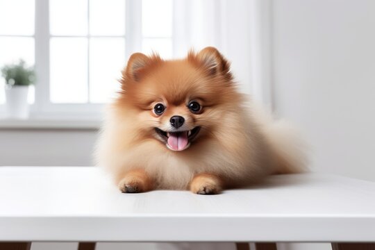 Photo of an affectionate Pomeranian with a fluffy coat on a clean white table. Generative AI