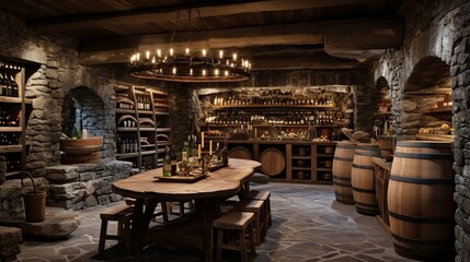 A rustic wine cellar, with stone walls, wooden racks filled with bottles, and a tasting table at its center.