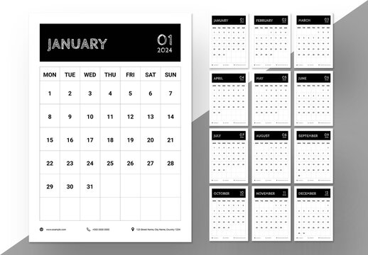 Wall Calendar 2024 Layout with Black Accents