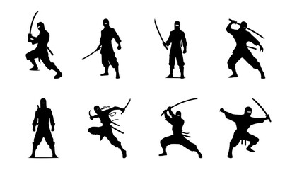set of ninja silhouettes on isolated background