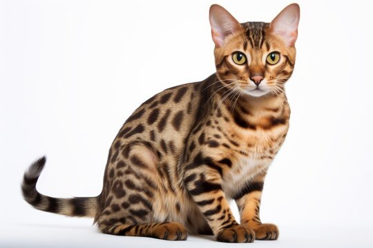 Photo of an alert Bengal cat with its distinctive leopard-like spots on a clean white surface. Generative AI