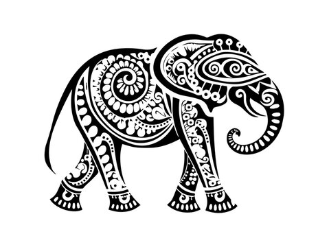 recommend clip art: Silhouette of the elephant on a white background, in the style of goa-insprired motifs. Tattoo inspired. Traditional art