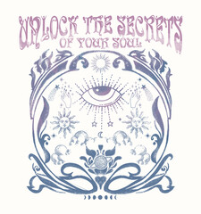     "Unlock the Secrets of Your Soul."Retro 70's psychedelic hippie element illustration print with groovy slogan for man - woman graphic tee t shirt or sticker poster - Vector