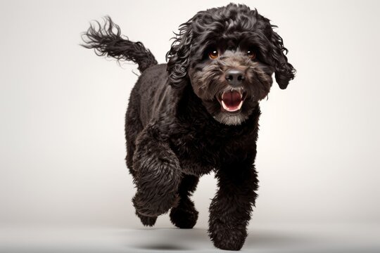 Photo of an alert Portuguese Water Dog ready for action on a clean white backdrop. Generative AI