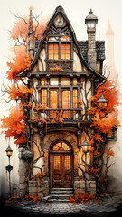 vertical background in orange autumn shades, house decorated for autumn, halloween greeting design
